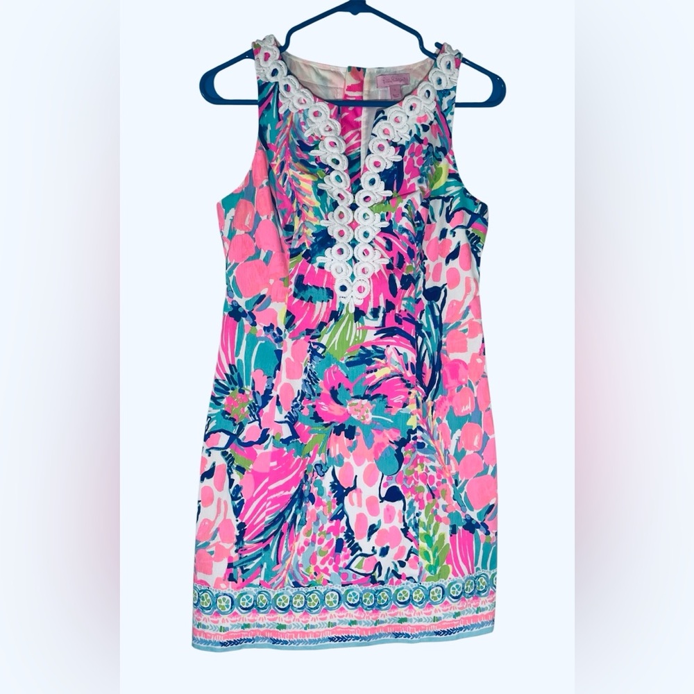 Lilly Pulitzer Pink and Blue Floral Sleeveless Zipper Back Midi Dress Sz‎ 0